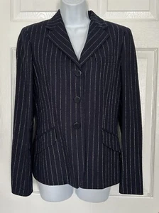 Vintage Lauren Ralph Lauren Navy & White Pin Stripe Linen Blazer Jacket Size 4 - Picture 1 of 7