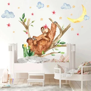 Watercolor Sleeping Sloth Moon Stars Removable Wall Fabric Decal Set Gift Decor - Foto 1 di 5