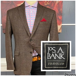 Jos A Bank Traveler Blazer Jacket Sport Coat Mens 42R Wool Brown Shoulder Pads - Picture 1 of 11