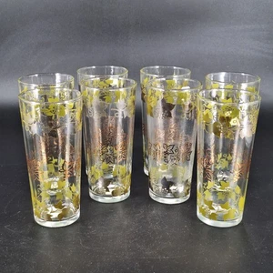 8 seltene MCM Libbey Tee Trinkgläser grün & gold Efeu Weinrebe 6,5" hoch - Bild 1 von 19