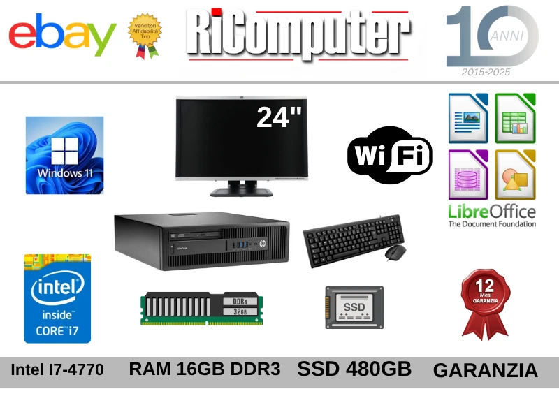 Postazione PC i7 16GB RAM SSD Monitor 24” Mouse Tastiera Win11 Ricondizionato - Immagine 1 di 1