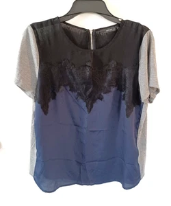 APT 9 schwarzes Spitzenshirt Damen Gr. L schwarz grau blau Kurzarm Rundhals Reißverschluss - Bild 1 von 6