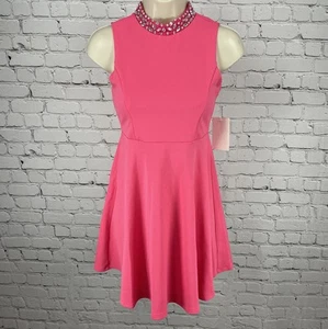 NWT Nickie Lew Pink Rhinestone A Line Stretch Zip High Neck Dress Girls Size 12 - Picture 1 of 13
