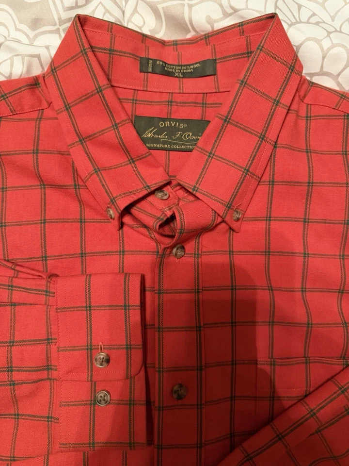 Camisa Orvis Hombre XL Naranja Cuadros Colección Signature Mezcla Algodón Lana Foto 1 de 4