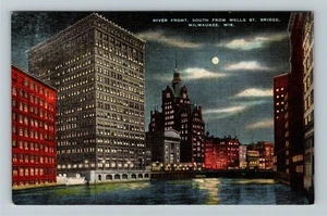 Milwaukee WI-Wisconsin River Front South Well St Bridge Moonlight Linen Postcard - Picture 1 of 2