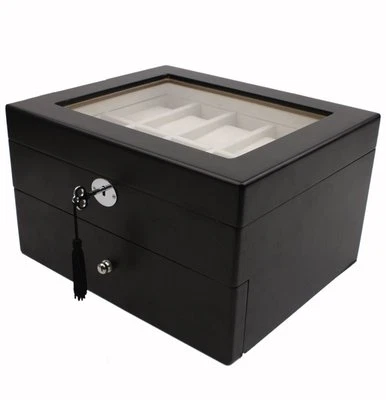 Watch Box for 20 Watches Black Compartments Cushions Clearance Glass Top - Image 1 of 3