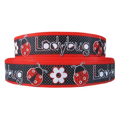 7/8" Grosgrain Ribbon Red Black Dotted Ladybug Lady Bug Print DIY Hair Bows - Image 1 of 2