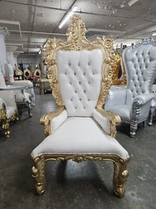 Throne Chair Hand Carved 71" Throne Wedding Party Chair Style - White / Gold - Picture 1 of 8