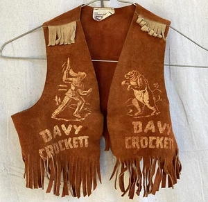 GILET vintage DAVY CROCKETT AVEC FRANGE garçon enfants lasso cowboy western cuir daim - Photo 1/10