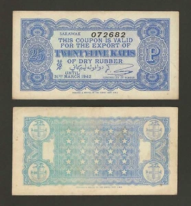 SARAWAK - 25 Katin 1942 Dry Rubber Export Coupon, Original EF-AU, Scarcer Type - Picture 1 of 1