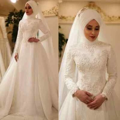 Classic A Line Women Wedding Dress High Collar Long Sleeves Muslim Bridal Gowns - Image 1 of 4