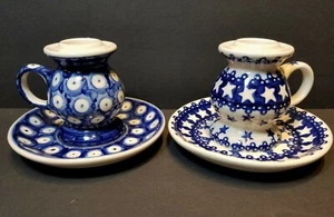 DE COLECCIÓN HECHOS A MANO Y PINTADOS EN POLONIA AZUL Y BLANCO CERÁMICA 2 CANDELABROS - Imagen 1 de 5