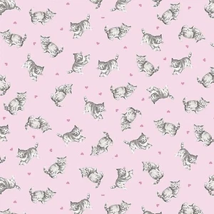 Timeless Treasures Tossed Cat Dolls Pink 100% Cotton Fabric by The Yard - Picture 1 of 2