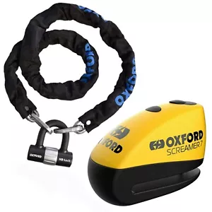 Oxford Products 1.5m Heavy Duty Chain Lock & Oxford Screamer7 Alarm Disc Lock - Picture 1 of 5