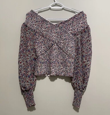 BB Dakota by Steve Madden Smocked Top Sz L Floral Print Off Shoulder Balloon Slv - Image 1 of 4