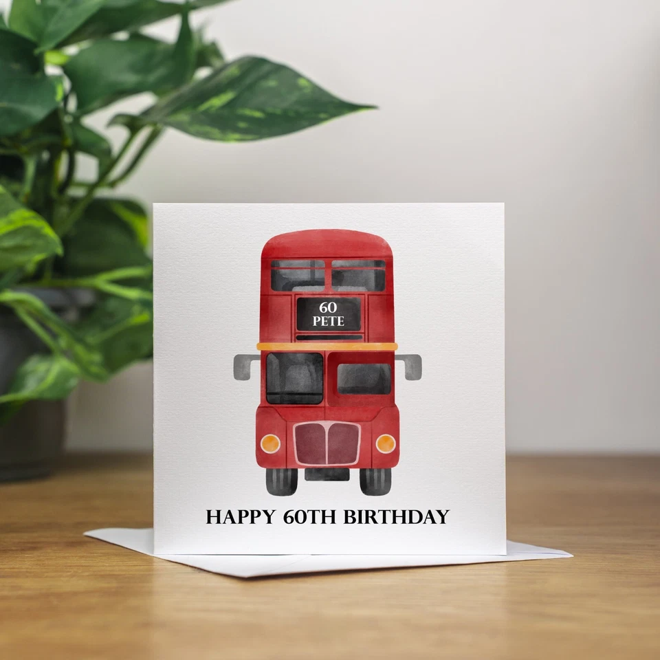 Personalised Handmade 60th Birthday Card Dad Husband Mum Sister Grandma Red Bus - Image 1 of 2