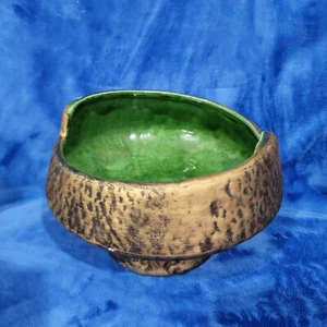 MCM Pottery Bowl Planter Green Gloss Black Gold Lava Glaze Mid Century 340 - Picture 1 of 4