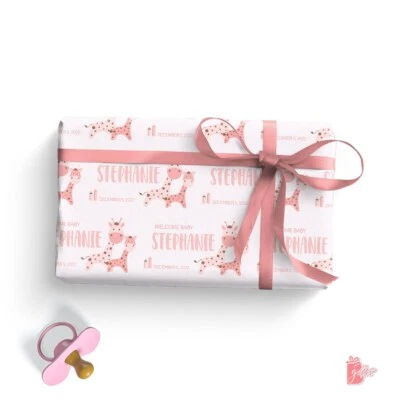 Name Personalized Gift Wrapping Paper Roll w/ Pink Baby Giraffe Toy Gift Wrap - Image 1 of 4