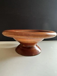 Vtg MCM Handcrafted Wooden Bowl Pedestal  Turned Parquetry Inlaid Folk Art - Picture 1 of 24