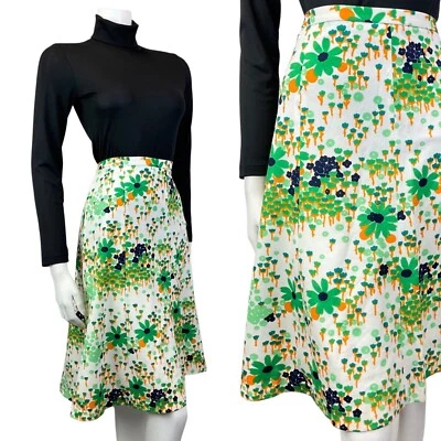 FALDA CORTA DE COLECCIÓN AÑOS 60 AÑOS 70 BLANCA VERDE AMARILLO FLORAL PSICODÉLICA MOD SWING 12 14 Foto 1 de 4