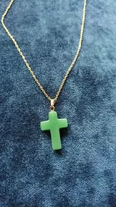 Green Aventurine Lampwork Cross Necklace On A  Gold Plated Chain - Picture 1 of 3