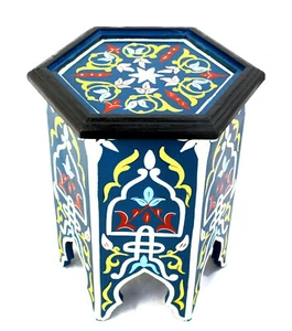 Moroccan Side Table Accent End Corner Piece Blue Authentic Painted Decor Size 1 - Picture 1 of 4