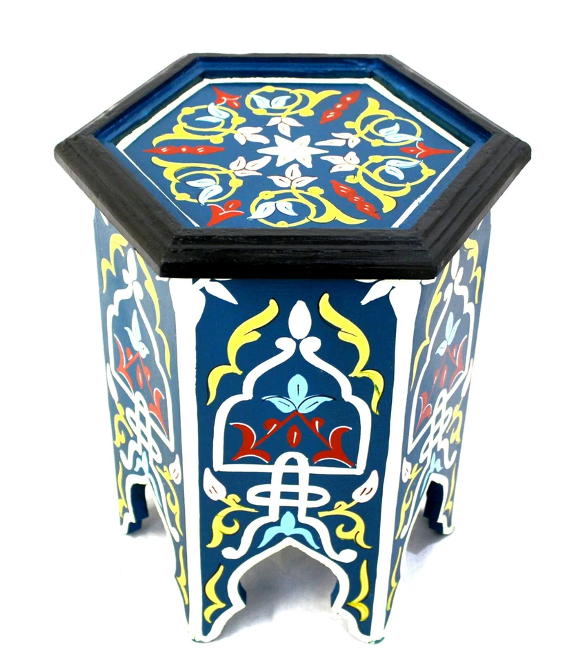 Moroccan Side Table Accent End Corner Piece Blue Authentic Painted Decor Size 1 - Image 1 of 4