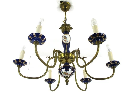 Chandelier 6 Arms Lights Ceramic Porcelain Ceramic Brass Italian Blue Gold Fish Cover