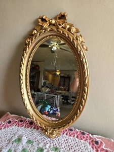 Vintage Homco Interior Ornate Gold Oval Bow Floral Wall Hanging Accent Mirror - Picture 1 of 12