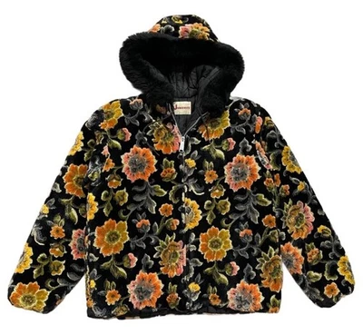 Abrigo tapiz floral con capucha de piel juniorita vintage años 60 negro colorido Foto 1 de 4