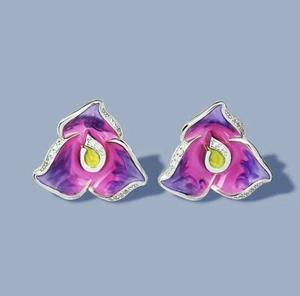 Purple Pink Enamel Zircon Flower Design Stud Earrings Platinum Plated - Picture 1 of 3