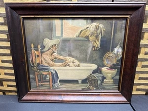 Vintage Lon Megargee Print “ Home on the Ranch “ Cowboy Bathtub Horse Cat 1950's - Picture 1 of 11