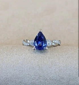Pear Cut Simulated Blue Sapphire Pretty Engagement Ring In 14k White Gold Plated - Picture 1 of 6