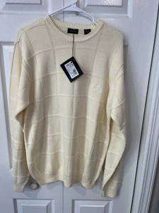 IZOD Sweater Mens Medium Cream Grid Knit Crewneck Pullover Sweater New With Tags - Picture 1 of 4