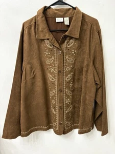 Women's Plus Size 2X Blouse Jacket Brown Faux Suede Embroidery Beads Erika - Picture 1 of 10