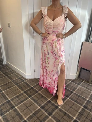 LIPSY SIZE 10 DRESS PINK FLORAL RUCHED FRONT RUFFLE SLEEVE MAXI NEW WITH TAGS - image 1 of 4