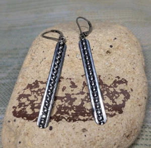 STERLING SILVER Long Bar Dangle Earrings ~ 925 MEXICO Latch Back Statement - Picture 1 of 9