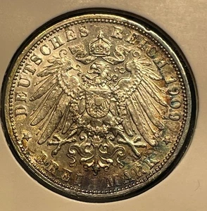 Germany Prussia 3 mark 1909 A Wilhelm II KM#527 Silver aXF+ B2155 - Picture 1 of 8