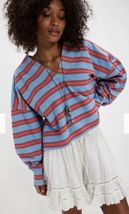 Free People Felpa Caddy Blu Riga Rossa Oversize Cropped Terry Cotone Tg S - Foto 1 di 11