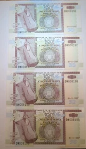 2007, 50 Francs Burundi 4 aufeinanderfolgende SNs UNC/oder hochwertige Wert Banknoten - Bild 1 von 12