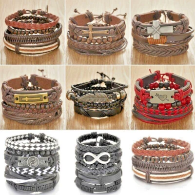  Juego de pulsera de cuero cruzado trenzado multicapa Tai Chi para hombre/mujer   Foto 1 de 4