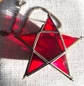 Moroccan Dark Pink Glass and Brass Hanging Star Tea Light Candle Holder - Picture 1 of 12