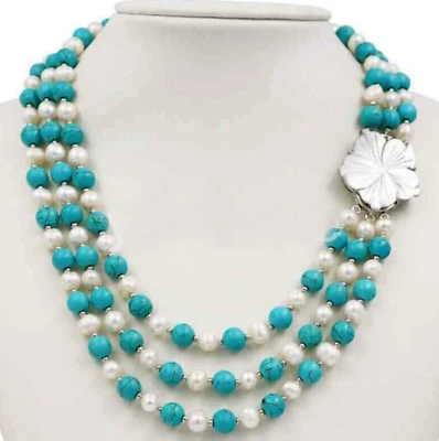 Triple Strands 6-7mm Round Natural Turquoise &White Pearl Necklace 18"19"20" - Image 1 of 4