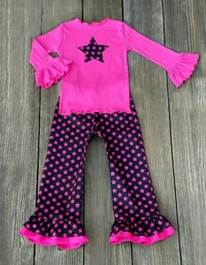 Funky Hot Pink Star Print Little Girl Outfit | Cute Fall Winter Girl Clothes - Picture 1 of 1
