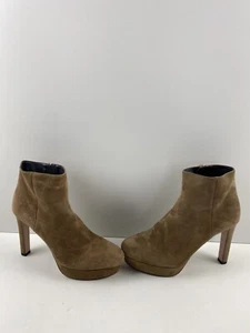 Prada Beige Suede Round Toe Side Zip High Heel Platform Ankle Booties Women’s 38 - Picture 1 of 8