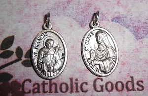 Saint St. Francis + St. Clare - Die Cast Italian Silver tone OX 1 inch Medal - Picture 1 of 3