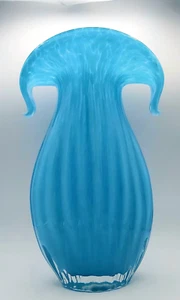 Large Sky Blue Cased White Art Glass Vase Ribbed Body Stretched Flared Neck - Picture 1 of 12