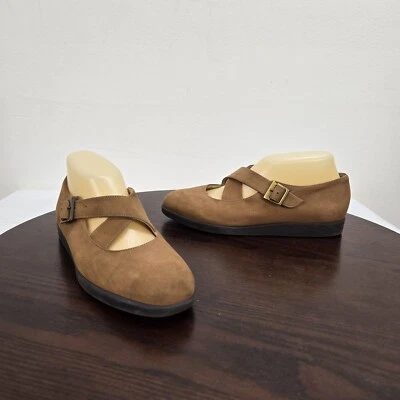Rockport Mary Jane Leather Flats Women 7W Brown Buckle Suede Made In Brazil - Image 1 of 4