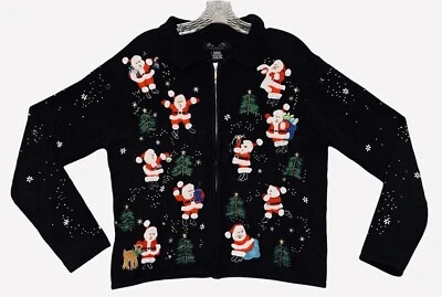 Christmas Embroidered Santa Sweater Beaded Zip Up Hampshire Studio Size Medium - Image 1 of 4