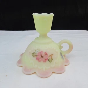 Fenton Burmese Basketweave Floral Hand Painted Chamber Candlestick Holder W2006 - Picture 1 of 6